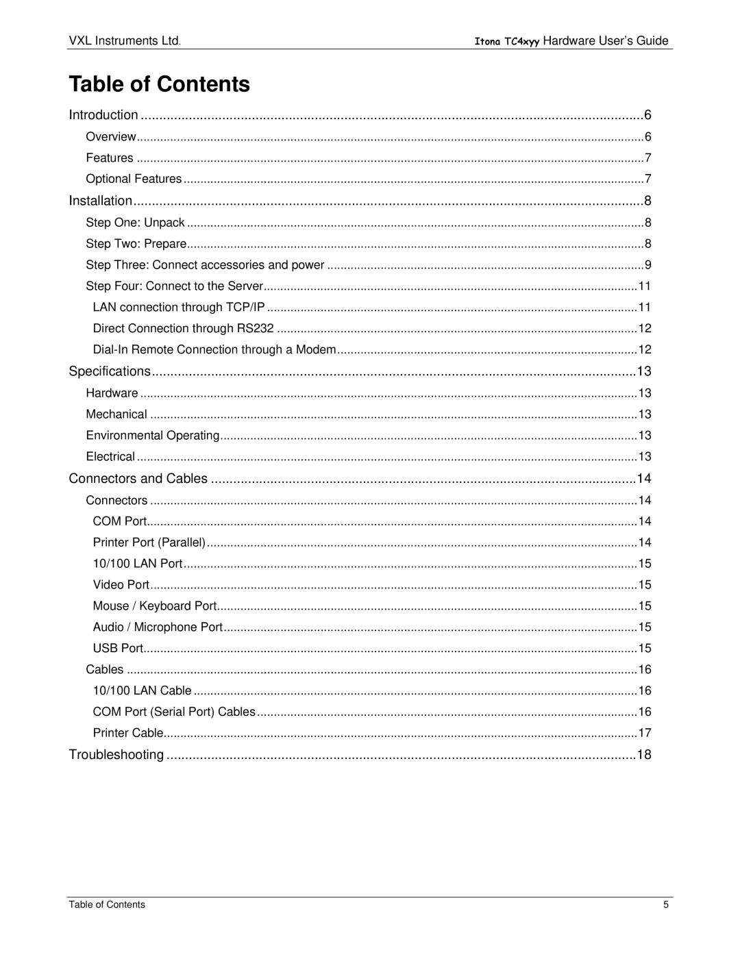 VXI TC4XYY manual Table of Contents 