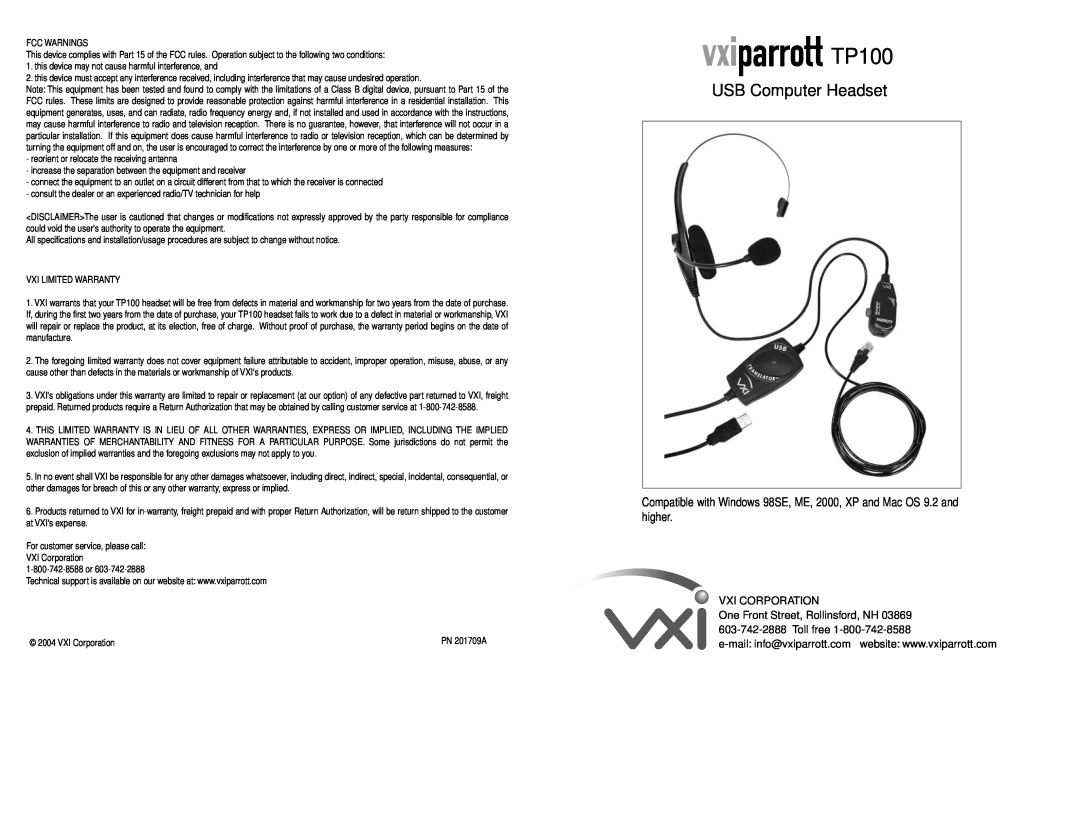 VXI TP100 warranty USB Computer Headset 