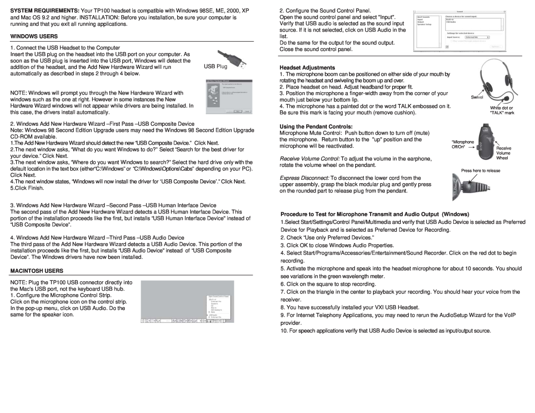 VXI TP100 warranty Windows Users, Headset Adjustments, Using the Pendant Controls, Macintosh Users 
