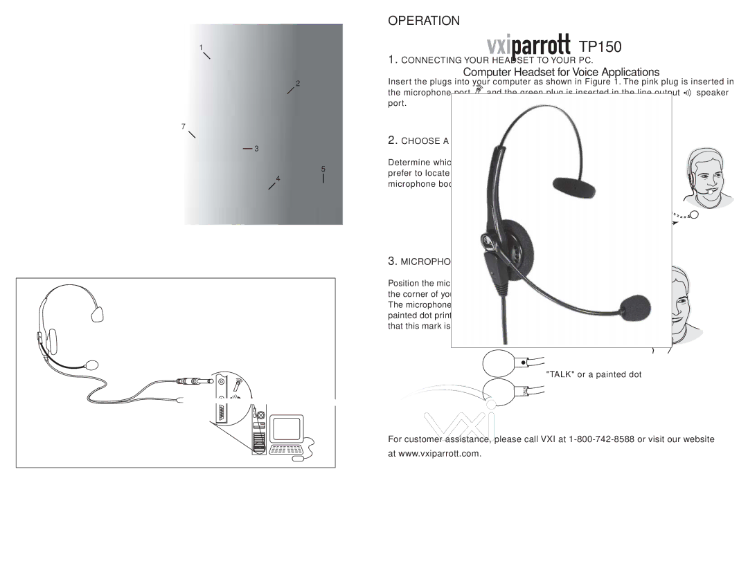 VXI TP150 warranty Components, Operation, Microphone Adjustment, Connecting Your Headset to Your PC 