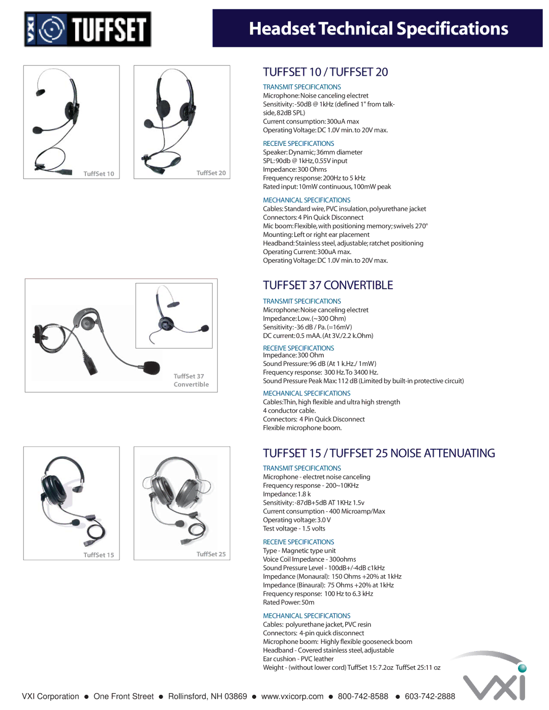 VXI TuffSet 15 technical specifications Headset Technical Specifications, Tuffset 10 / Tuffset, Tuffset 37 Convertible 