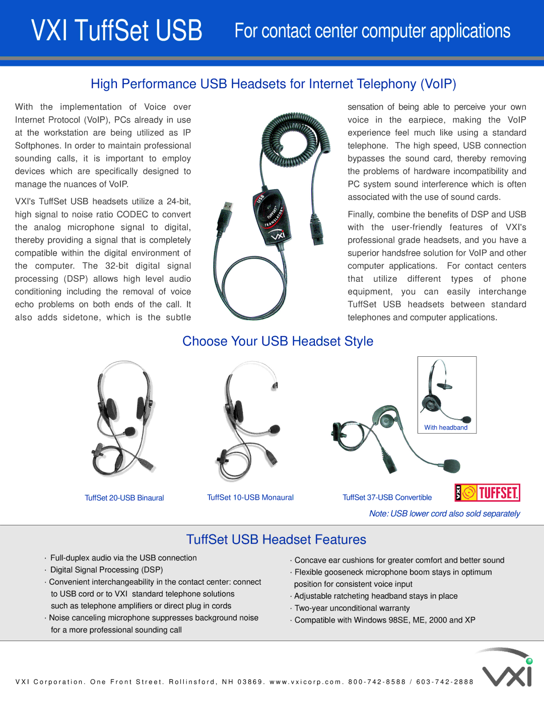 VXI TuffSet 20-USB Binaural, TuffSet 10-USB Monaural warranty VXI TuffSet USB For contact center computer applications 