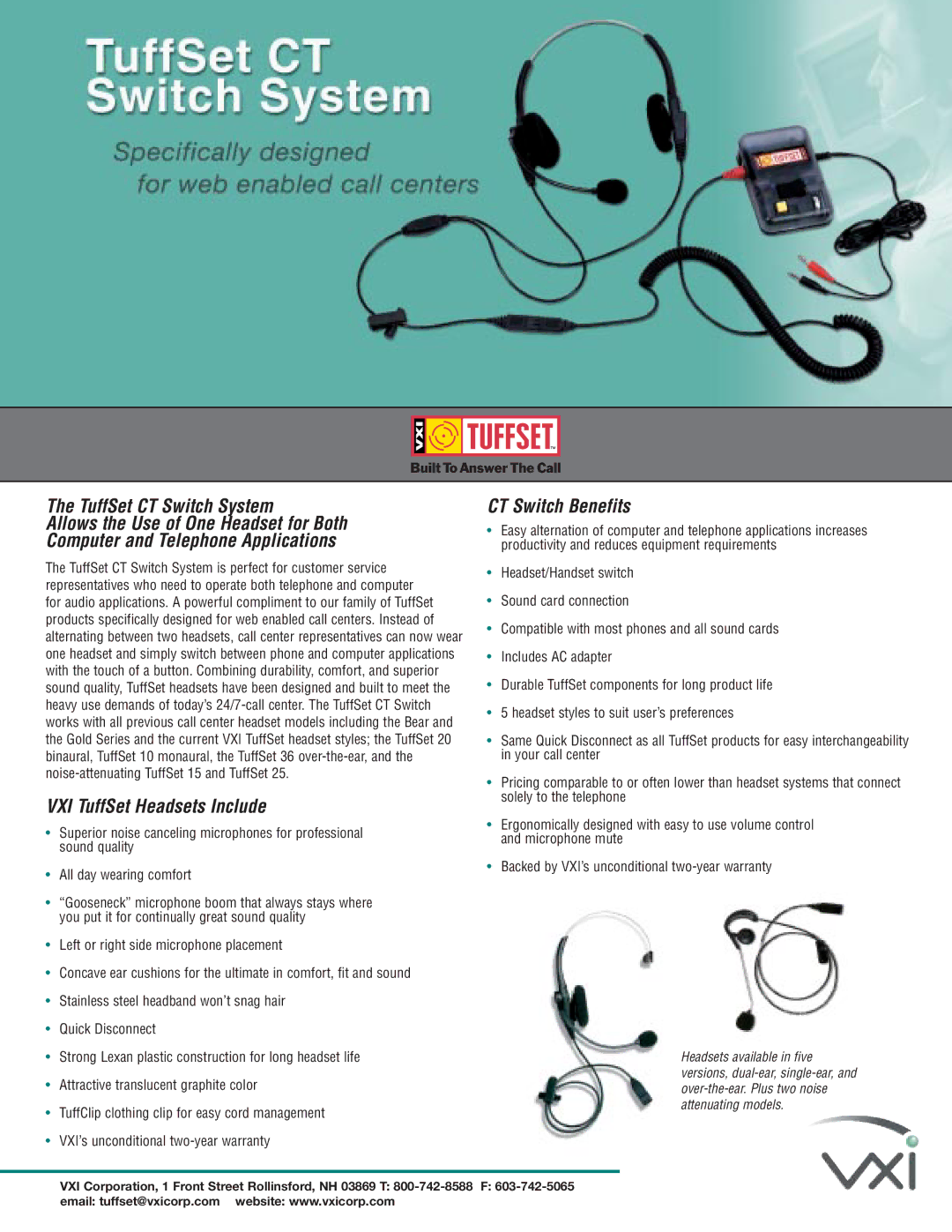 VXI TuffSet CT Switch System warranty VXI TuffSet Headsets Include, CT Switch Benefits 