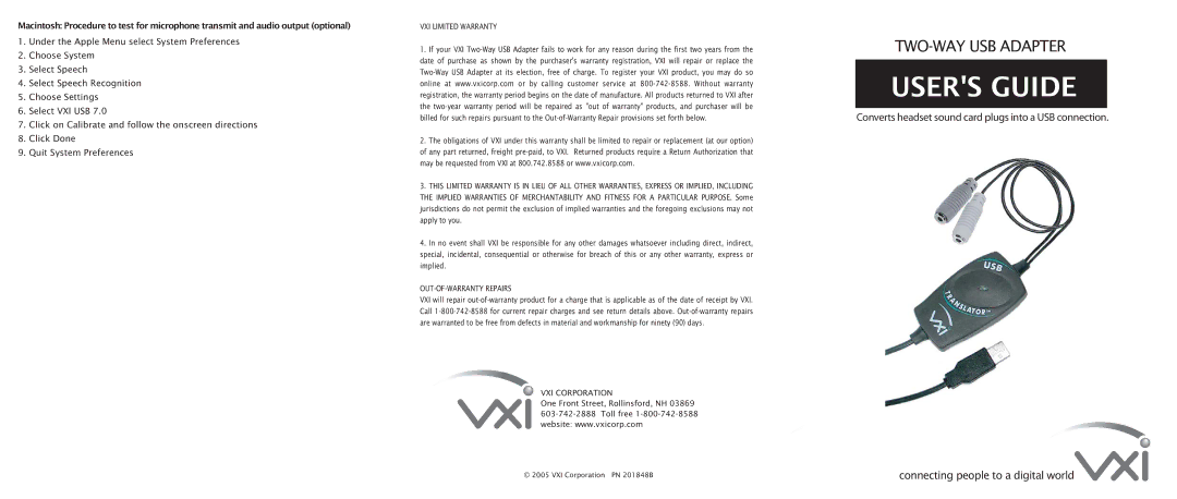 VXI Two-Way USB Adapter warranty Users Guide, VXI Limited Warranty, OUT-OF-WARRANTY Repairs 