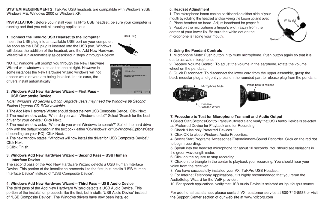 VXI USB 200 Headset Adjustment, Using the Pendant Controls, Procedure to Test for Microphone Transmit and Audio Output 