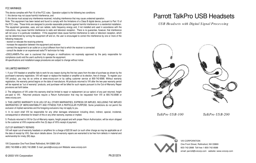 VXI USB 100 specifications Parrott TalkPro USB Headsets, USB Headsets with Digital Signal Processing, TalkPro USB-100 