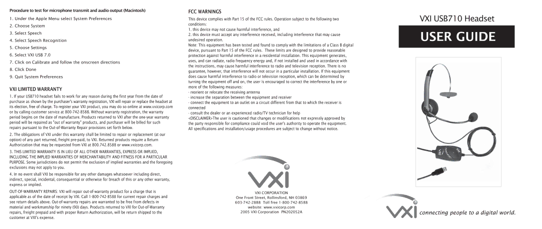 VXI USB 710 warranty VXI Limited Warranty, FCC Warnings 