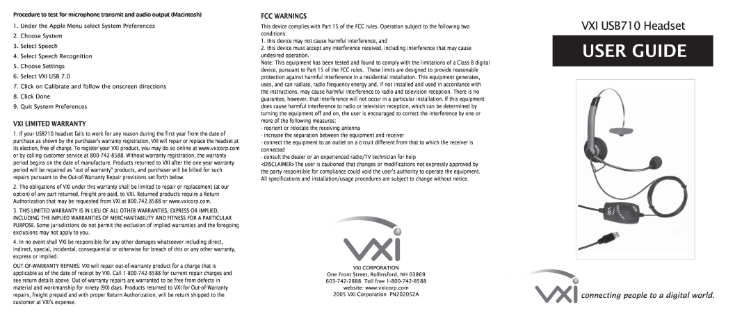 VXI USB 710 warranty User Guide, VXI USB710 Headset, connecting people to a digital world 