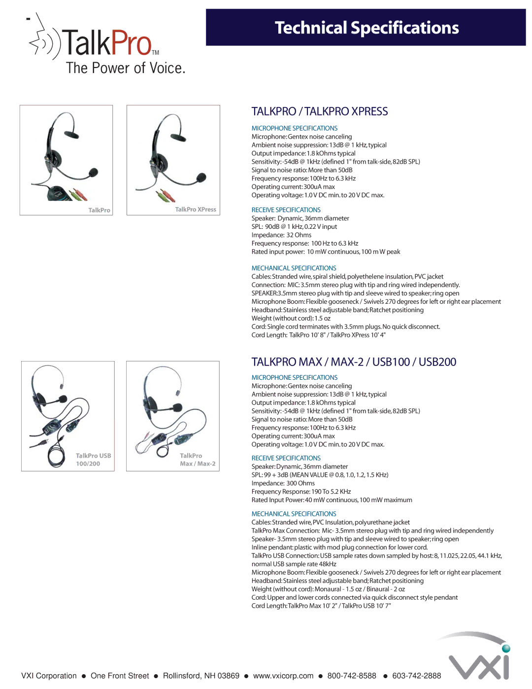 VXI technical specifications Talkpro / Talkpro Xpress, Talkpro MAX / MAX-2 / USB100 / USB200, Microphone Specifications 