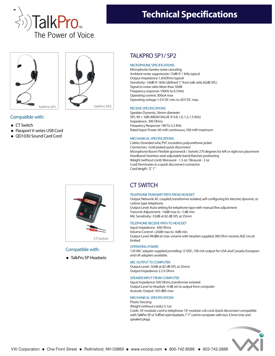 VXI USB100, USB200, MAX-2 technical specifications Talkpro SP1/ SP2, CT Switch 