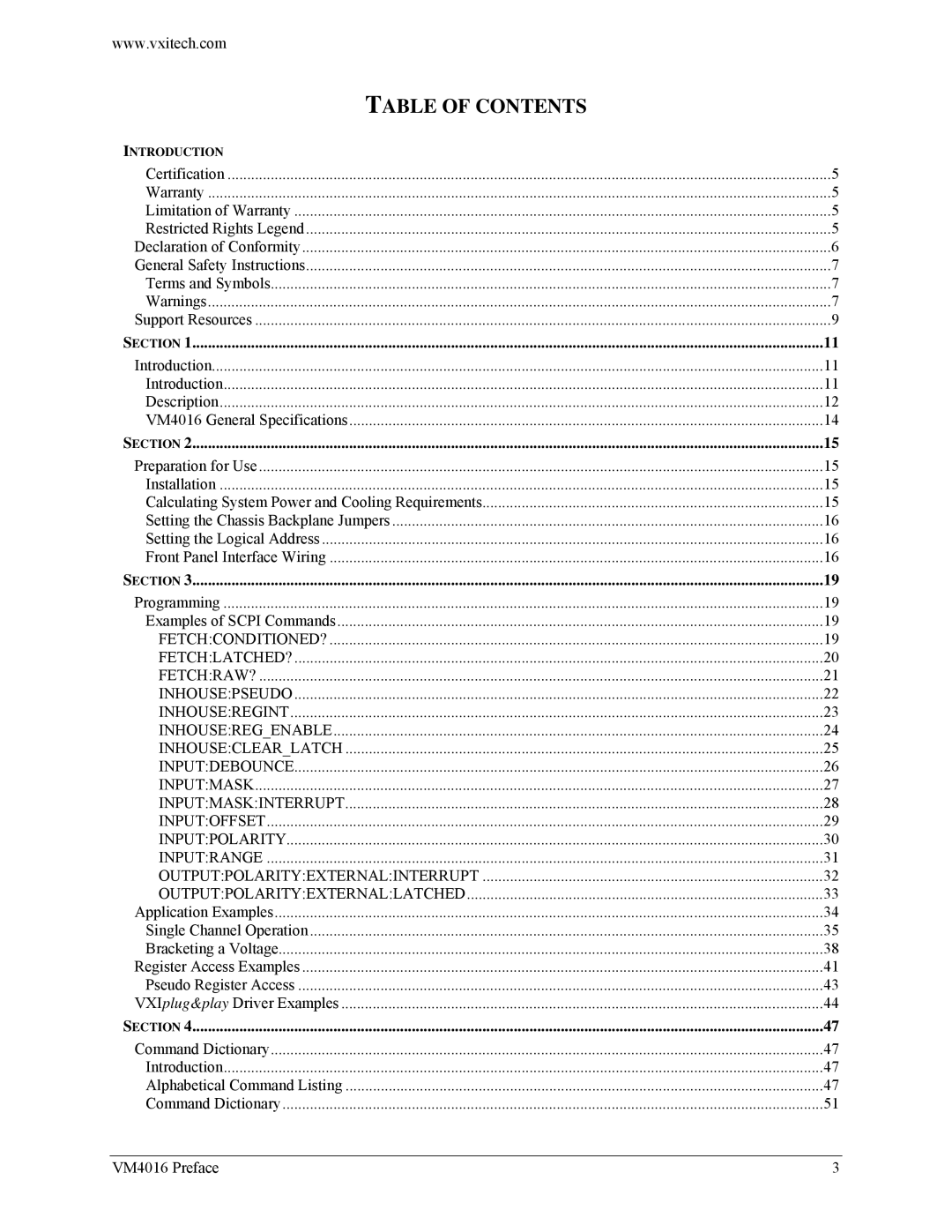 VXI VM4016 user manual Table of Contents 