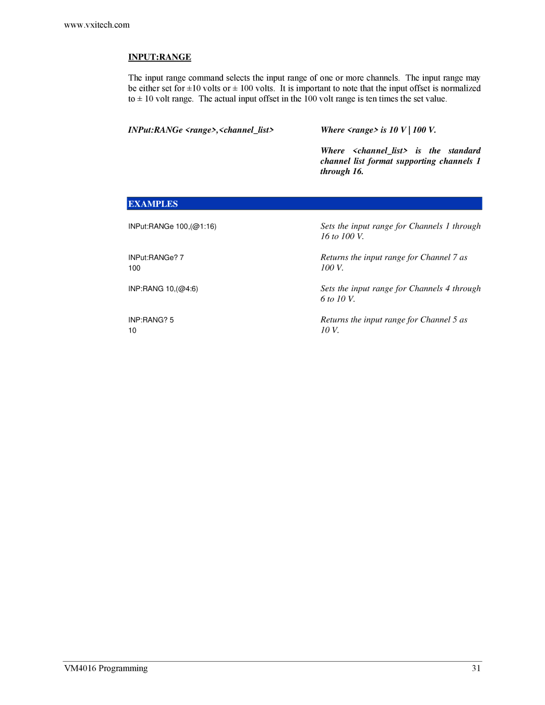 VXI VM4016 user manual Inputrange 