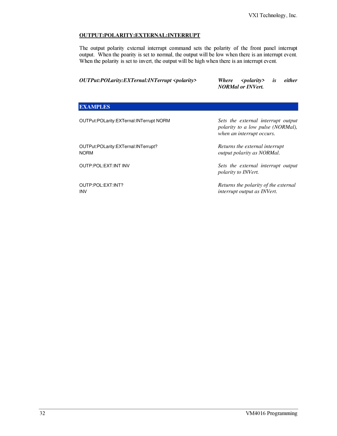 VXI VM4016 user manual Outputpolarityexternalinterrupt 