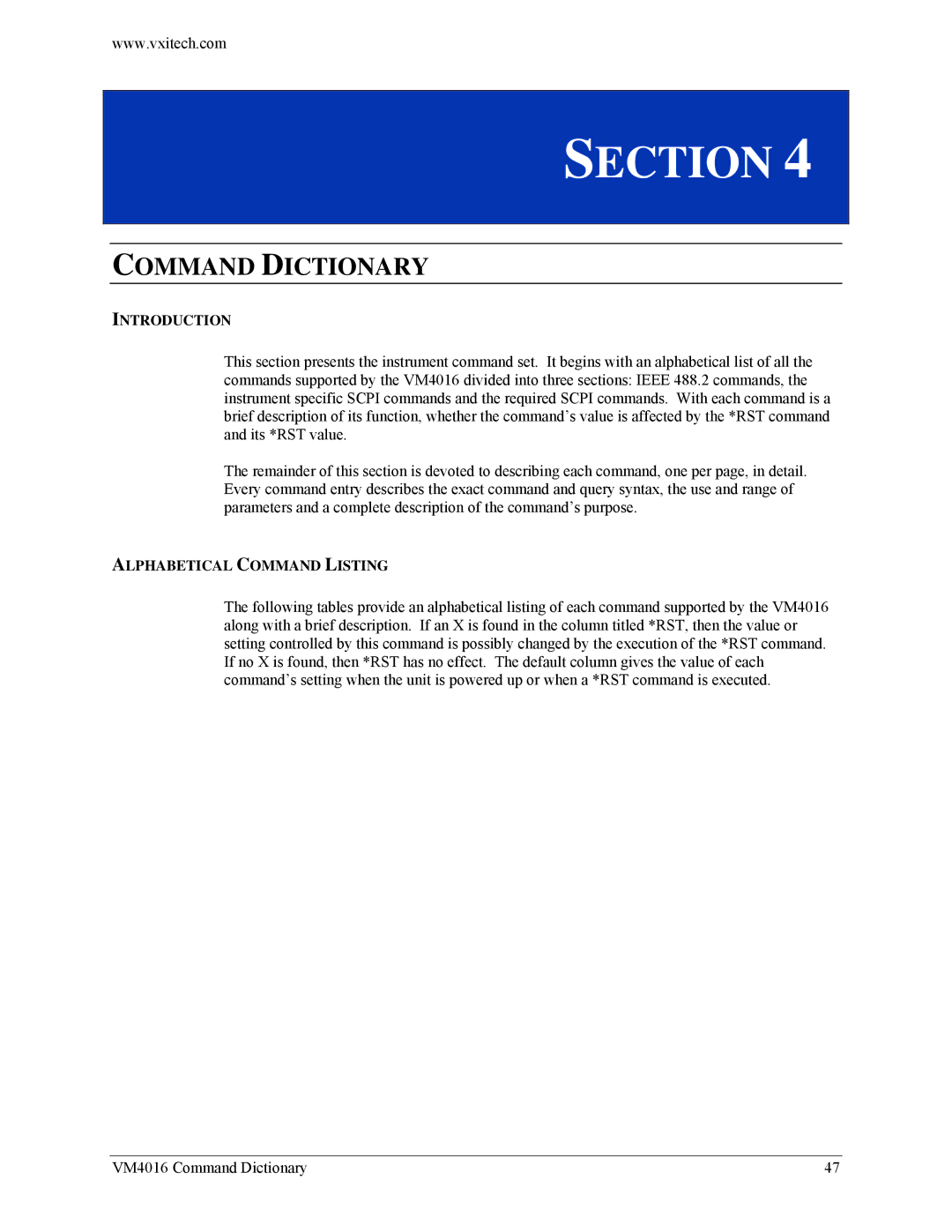 VXI VM4016 user manual Command Dictionary, Alphabetical Command Listing 