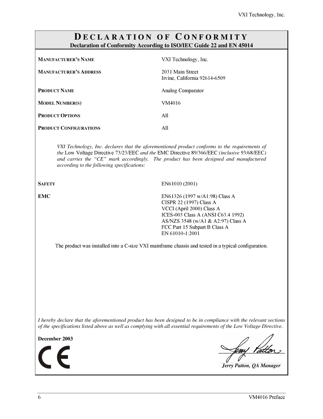 VXI VM4016 user manual C L a R a T I O N O F C O N F O R M I T Y, Emc 