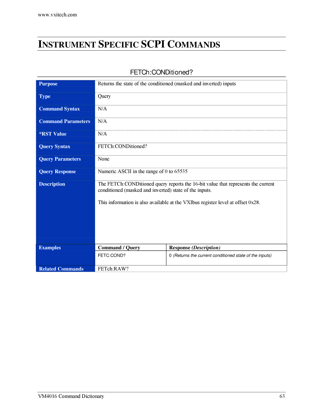 VXI VM4016 user manual Instrument Specific Scpi Commands, FETChCONDitioned? 