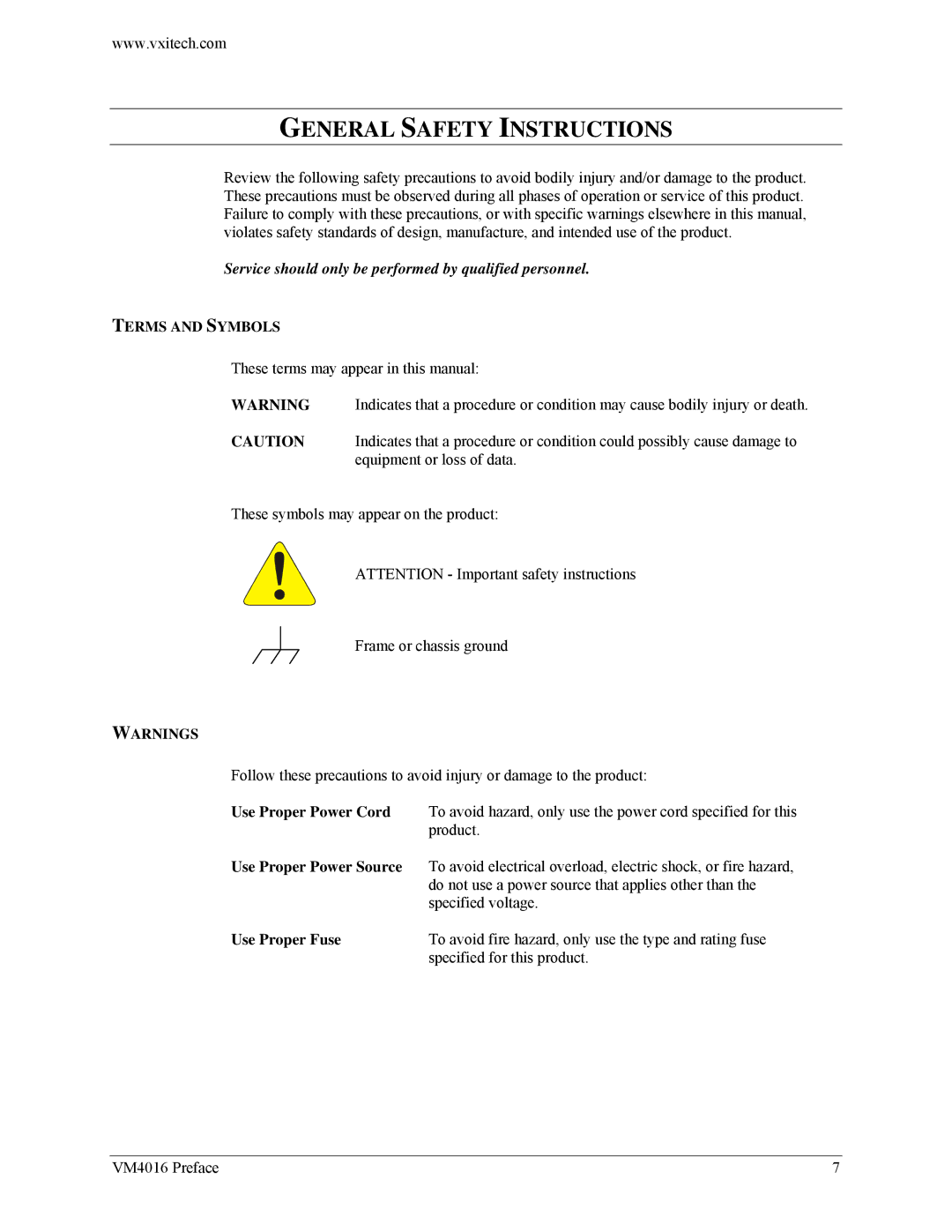 VXI VM4016 user manual General Safety Instructions, Terms and Symbols 