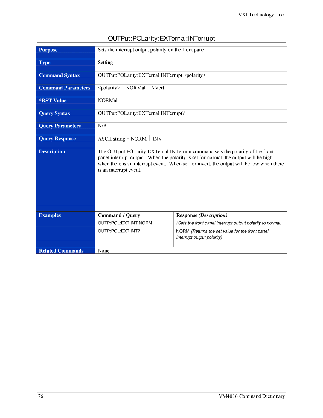 VXI VM4016 user manual OUTPutPOLarityEXTernalINTerrupt 