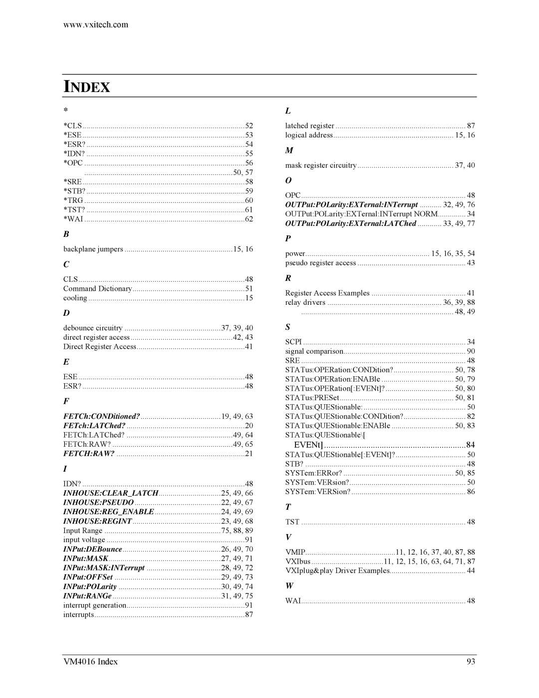 VXI VM4016 user manual Index, OUTPutPOLarityEXTernalLATChed 