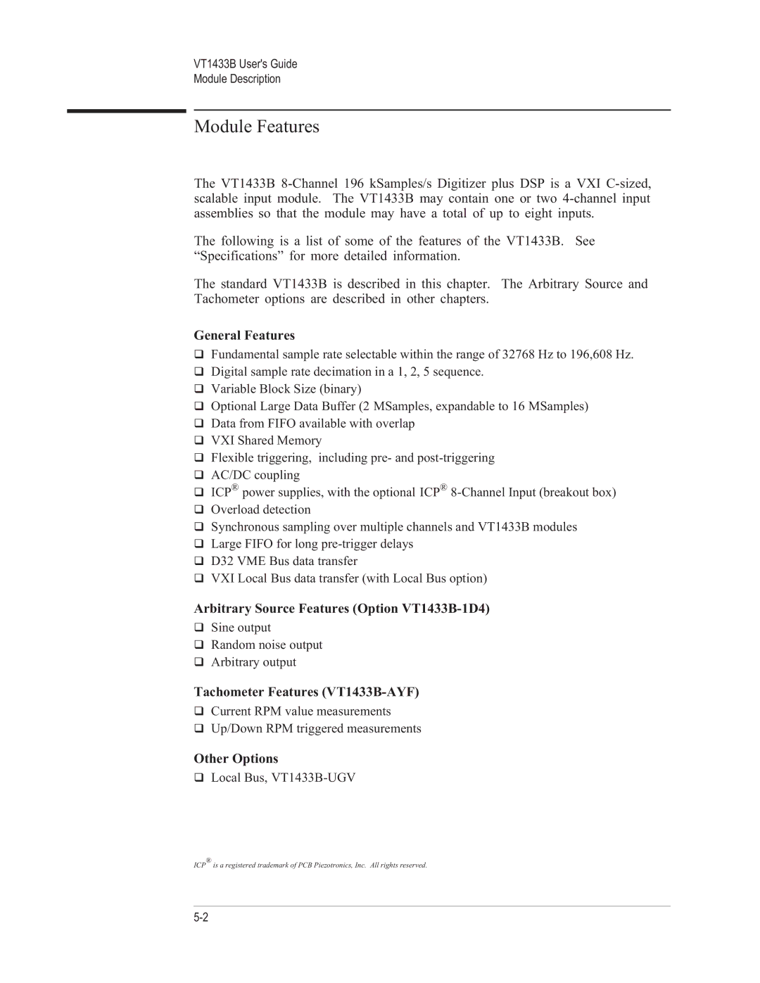 VXI General Features, Arbitrary Source Features Option VT1433B-1D4, Tachometer Features VT1433B-AYF, Other Options 