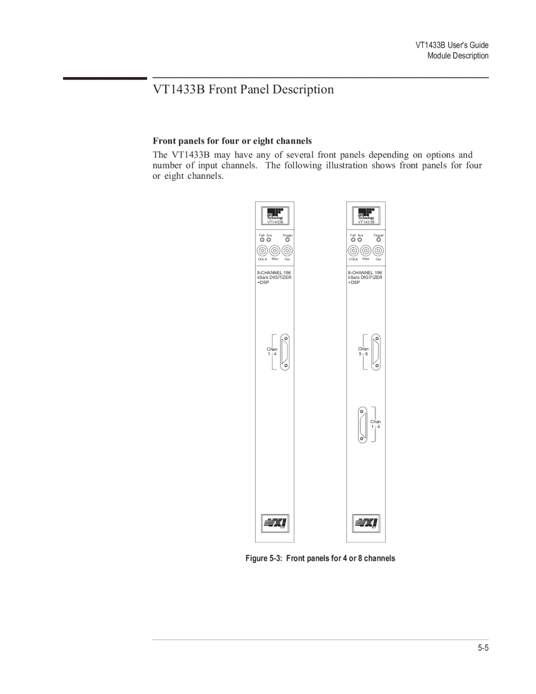 VXI manual VT1433B Front Panel Description, Front panels for four or eight channels 