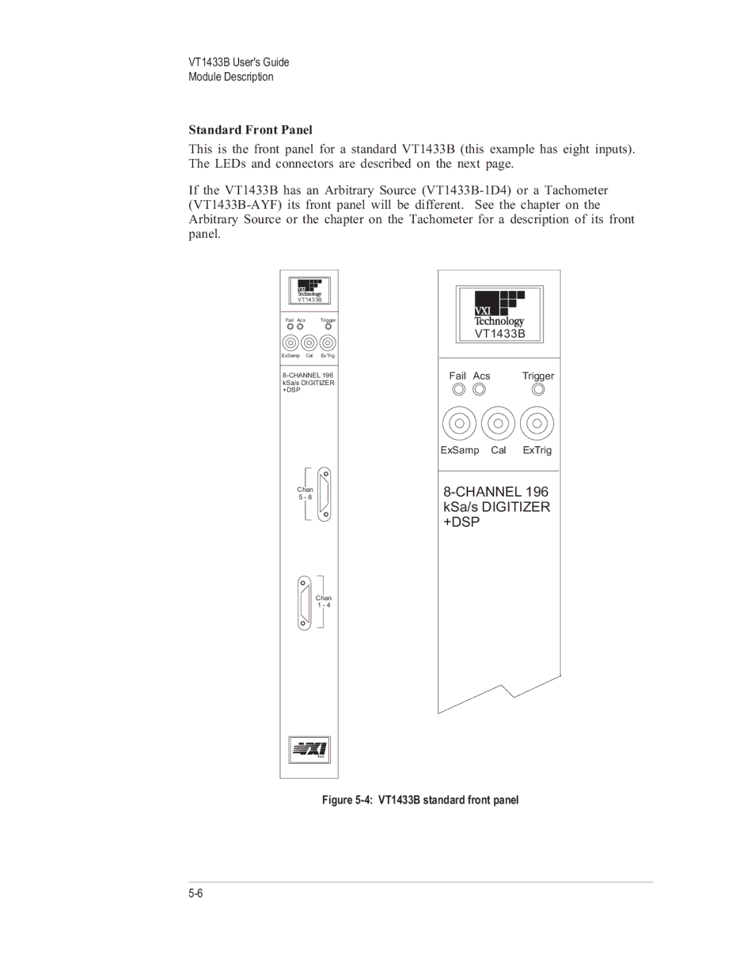 VXI VT1433B manual Standard Front Panel, Channel 196 kSa/s Digitizer +DSP 