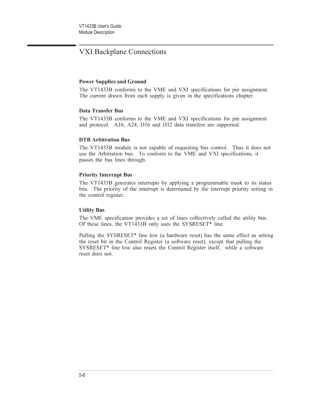 VXI VT1433B manual VXI Backplane Connections 