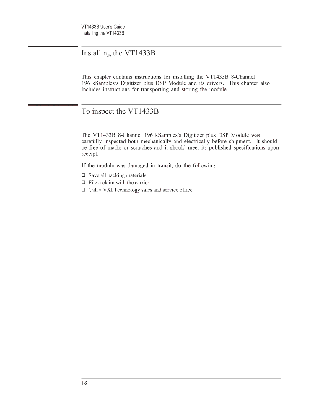VXI manual Installing the VT1433B, To inspect the VT1433B 