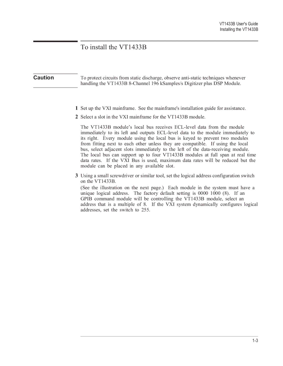 VXI manual To install the VT1433B 