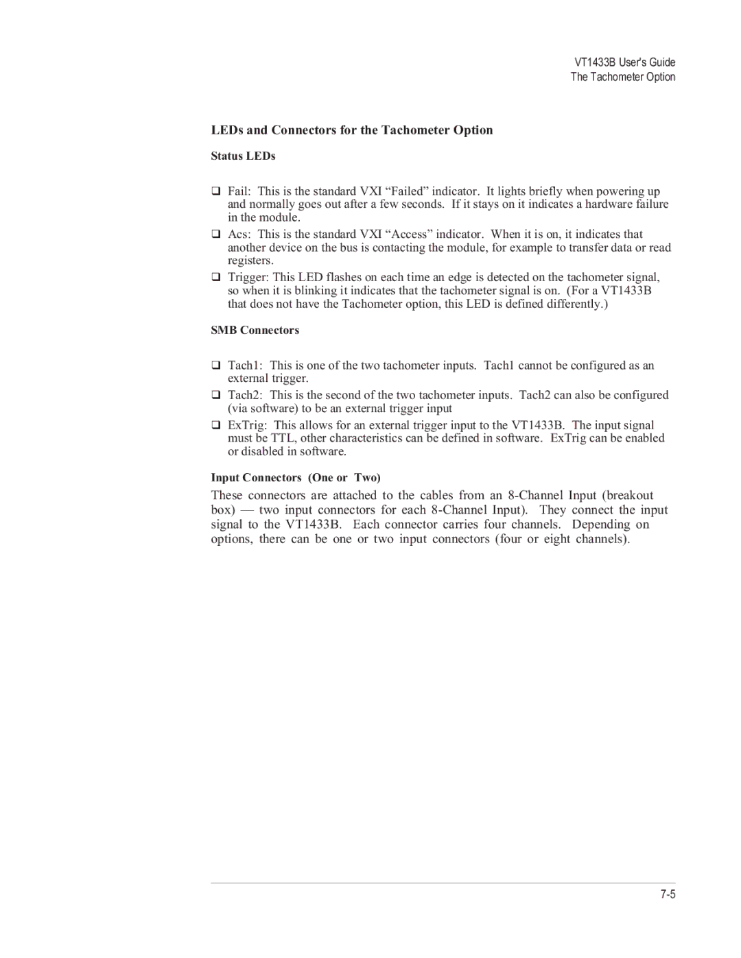 VXI VT1433B manual LEDs and Connectors for the Tachometer Option 