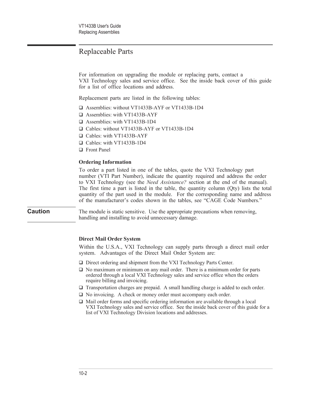 VXI VT1433B manual Replaceable Parts, Ordering Information, Direct Mail Order System 