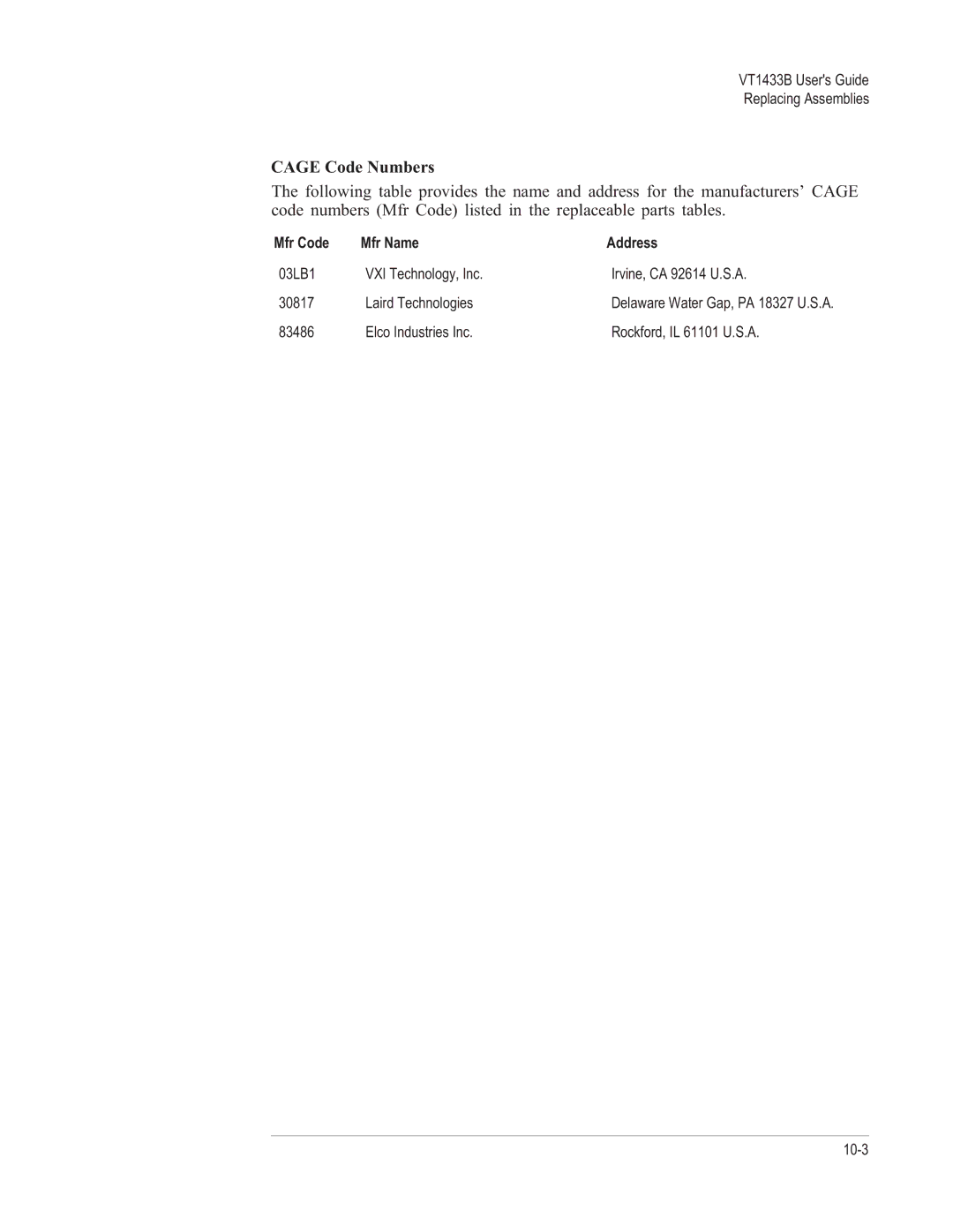 VXI VT1433B manual Cage Code Numbers, Mfr Code Mfr Name Address 