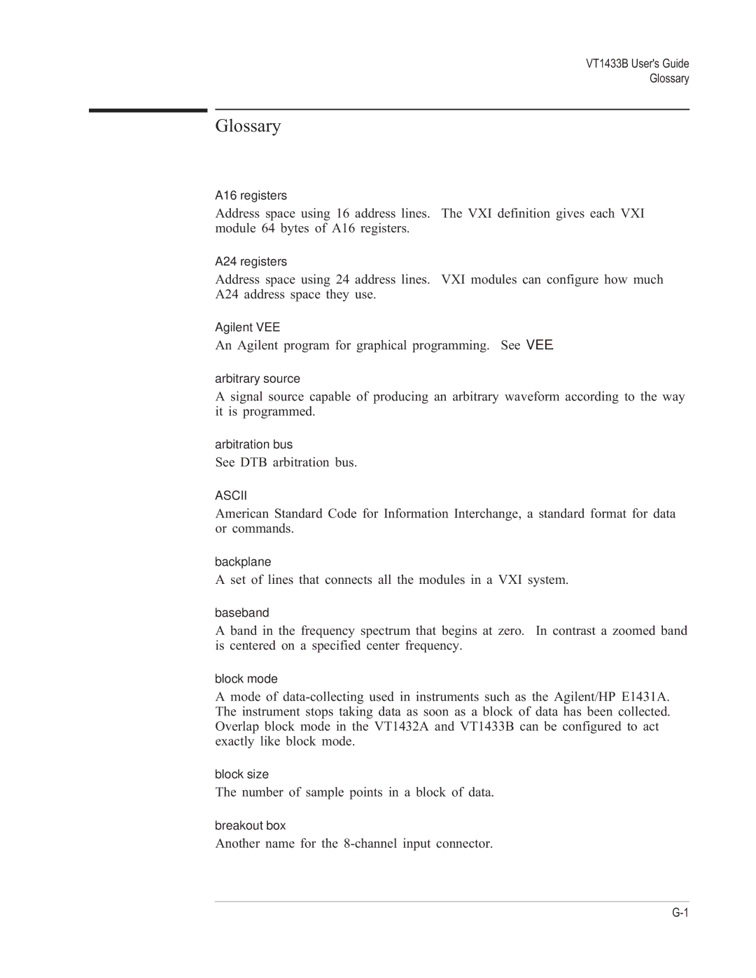 VXI VT1433B manual Glossary 