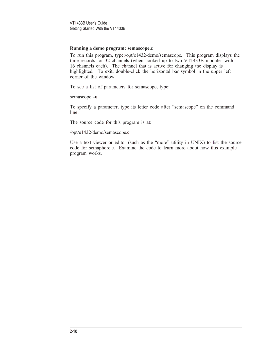 VXI VT1433B manual Running a demo program semascope.c 