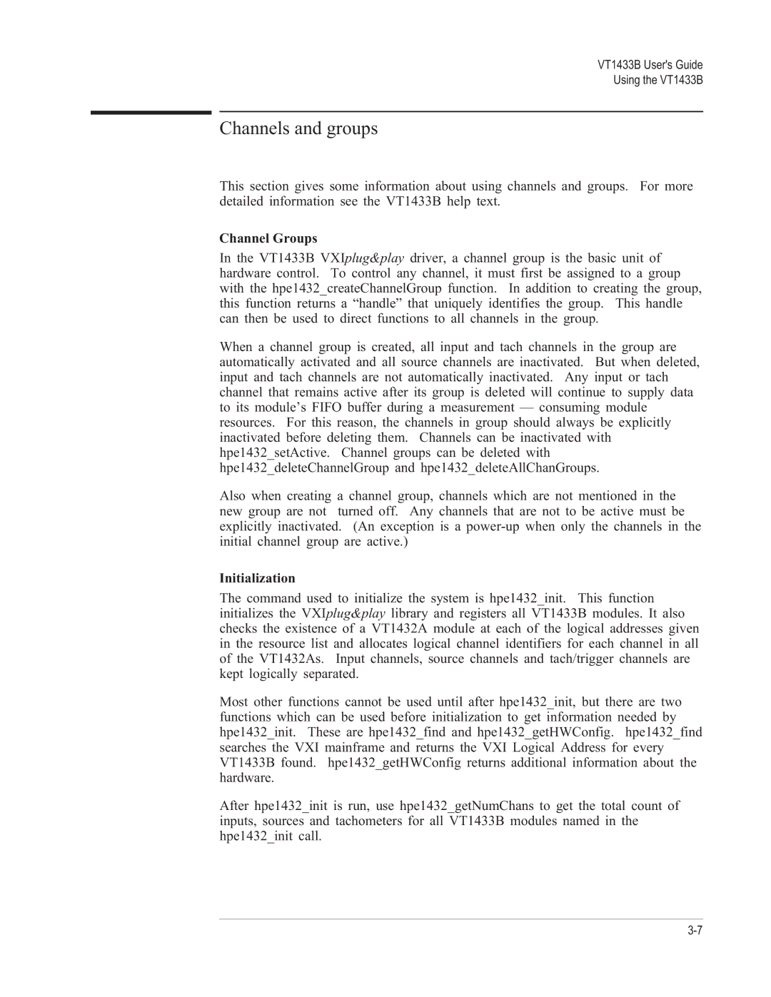 VXI VT1433B manual Channels and groups, Channel Groups, Initialization 