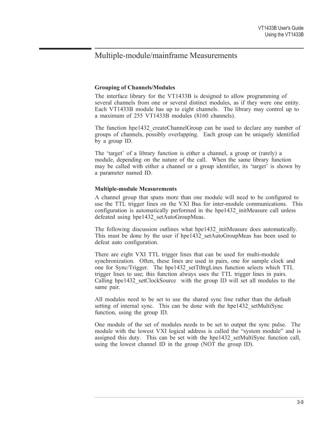 VXI VT1433B manual Multiple-module/mainframe Measurements, Grouping of Channels/Modules, Multiple-module Measurements 