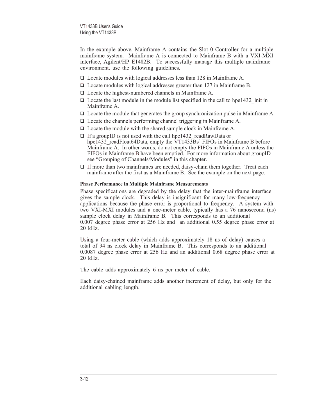 VXI VT1433B manual Phase Performance in Multiple Mainframe Measurements 