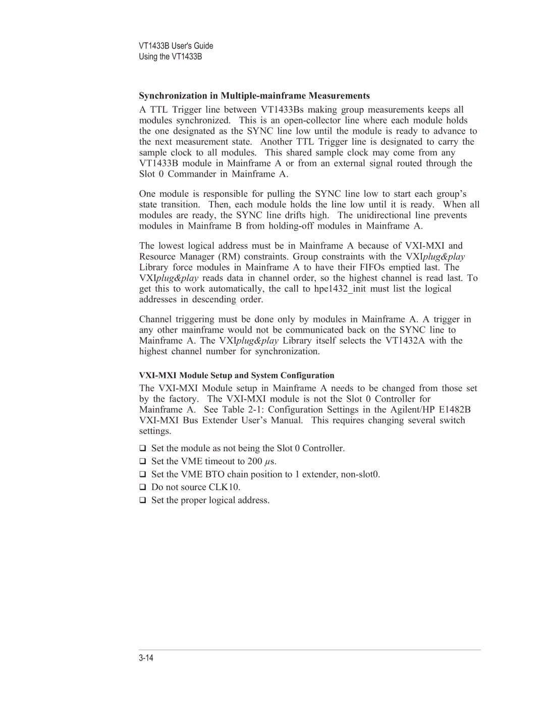 VXI VT1433B manual Synchronization in Multiple-mainframe Measurements 