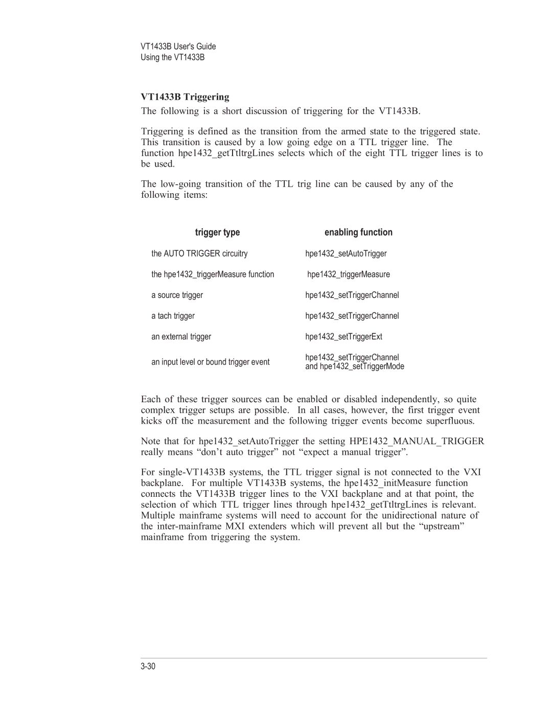 VXI manual VT1433B Triggering, Trigger type Enabling function 