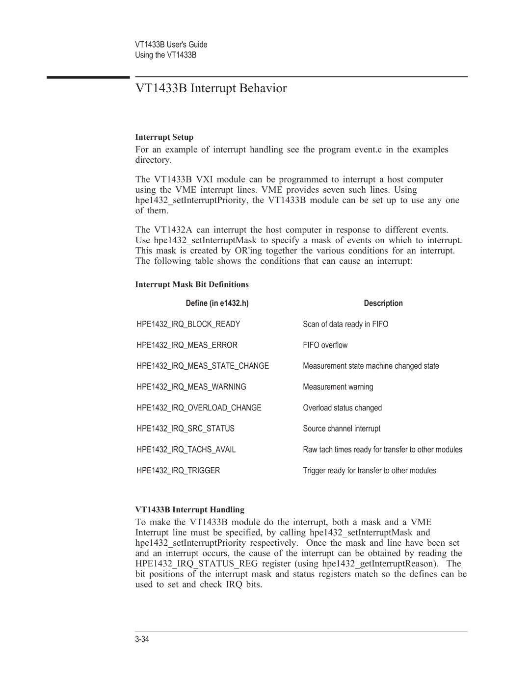 VXI manual VT1433B Interrupt Behavior, Define in e1432.h Description 