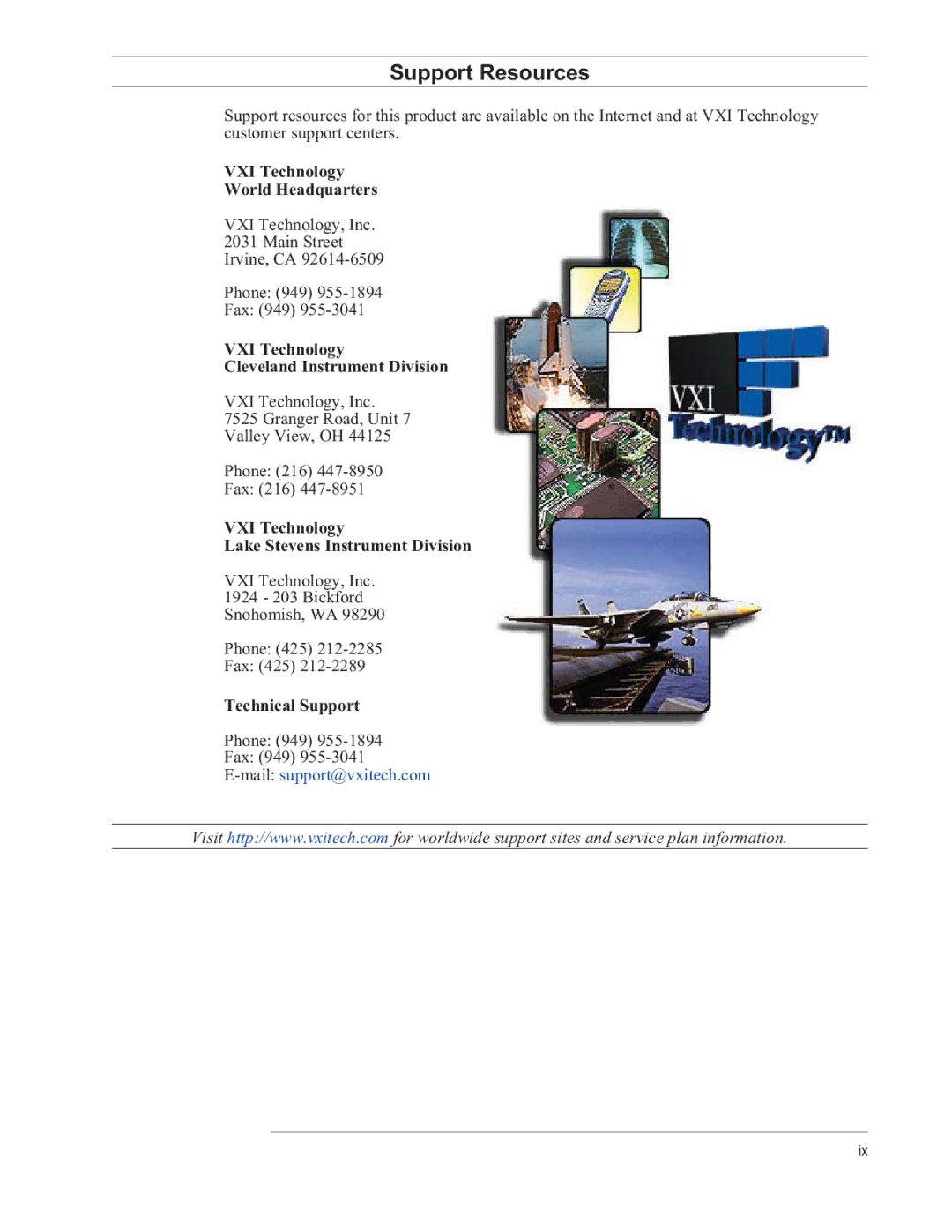 VXI VT1433B manual VXI Technology World Headquarters, VXI Technology Cleveland Instrument Division, Technical Support 