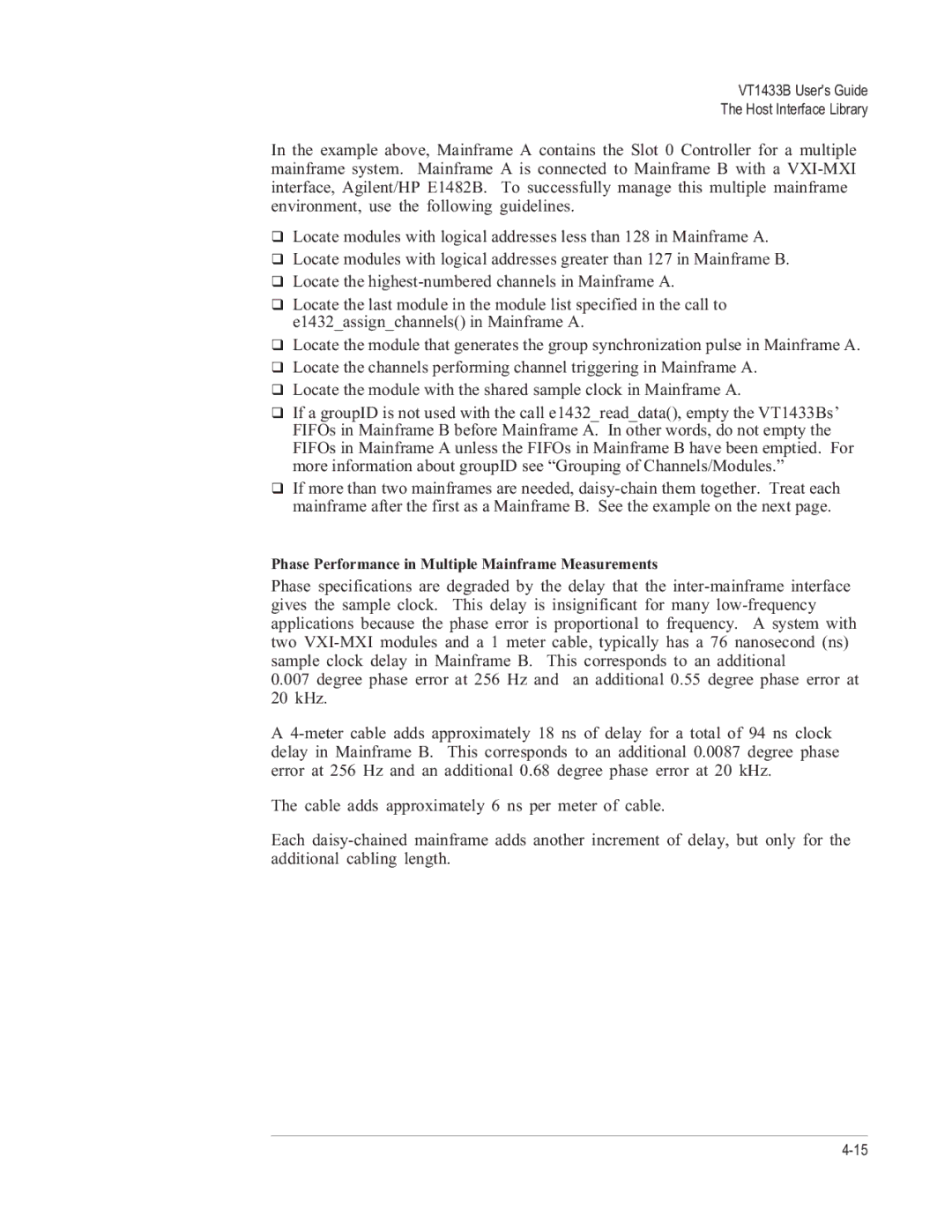 VXI VT1433B manual Phase Performance in Multiple Mainframe Measurements 