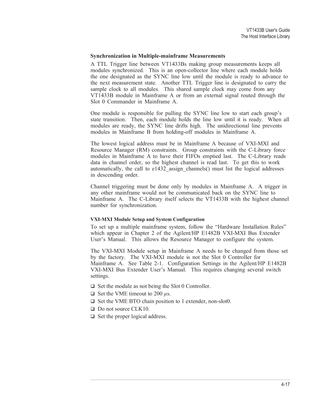 VXI VT1433B manual Synchronization in Multiple-mainframe Measurements 