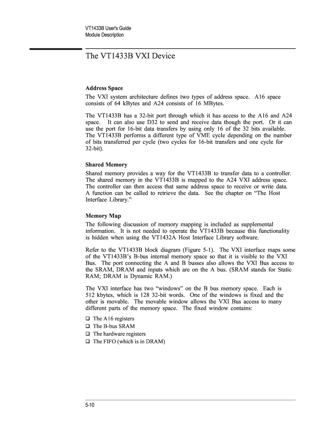 VXI manual The VT1433B VXI Device, Address Space, Shared Memory, Memory Map 