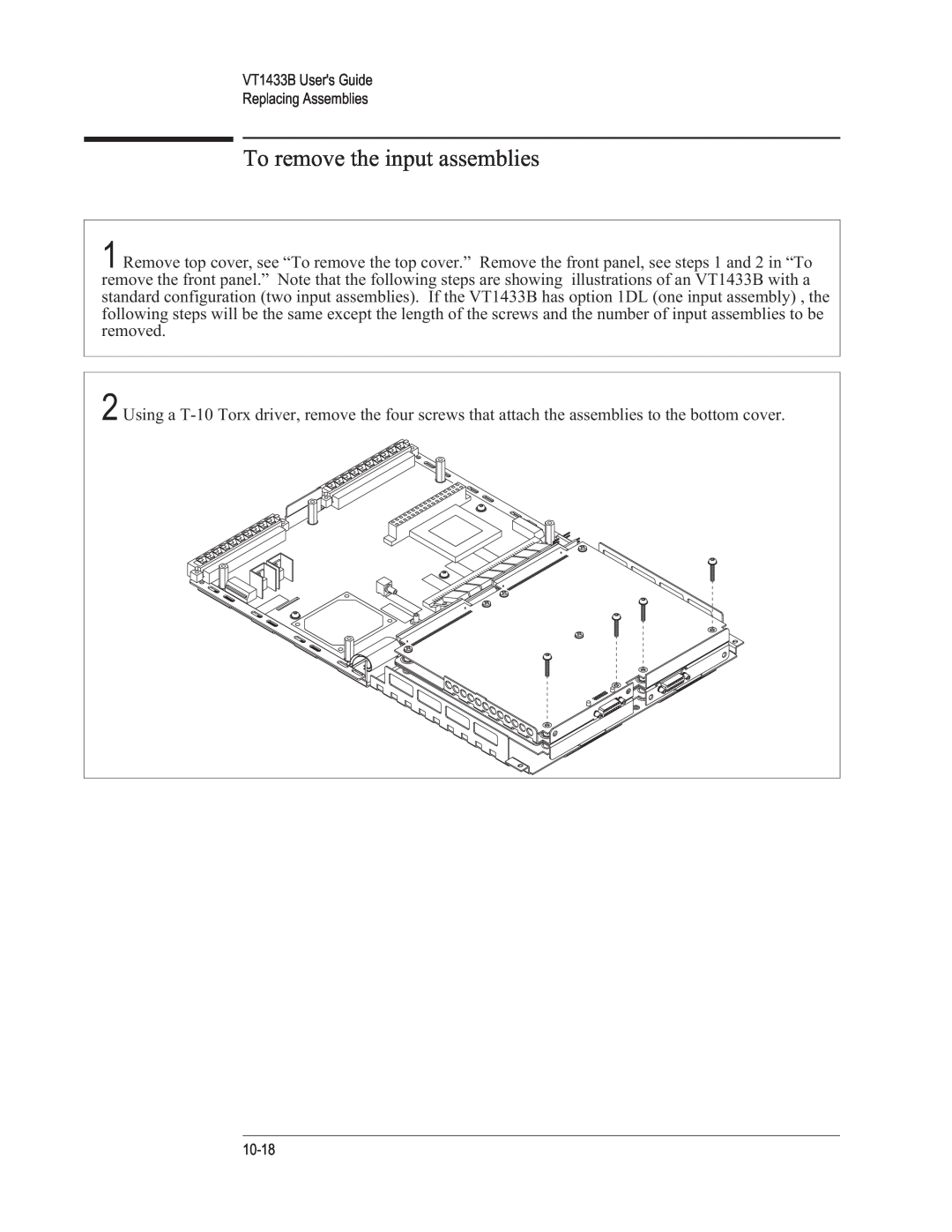 VXI manual To remove the input assemblies, VT1433B Users Guide Replacing Assemblies, 10-18 