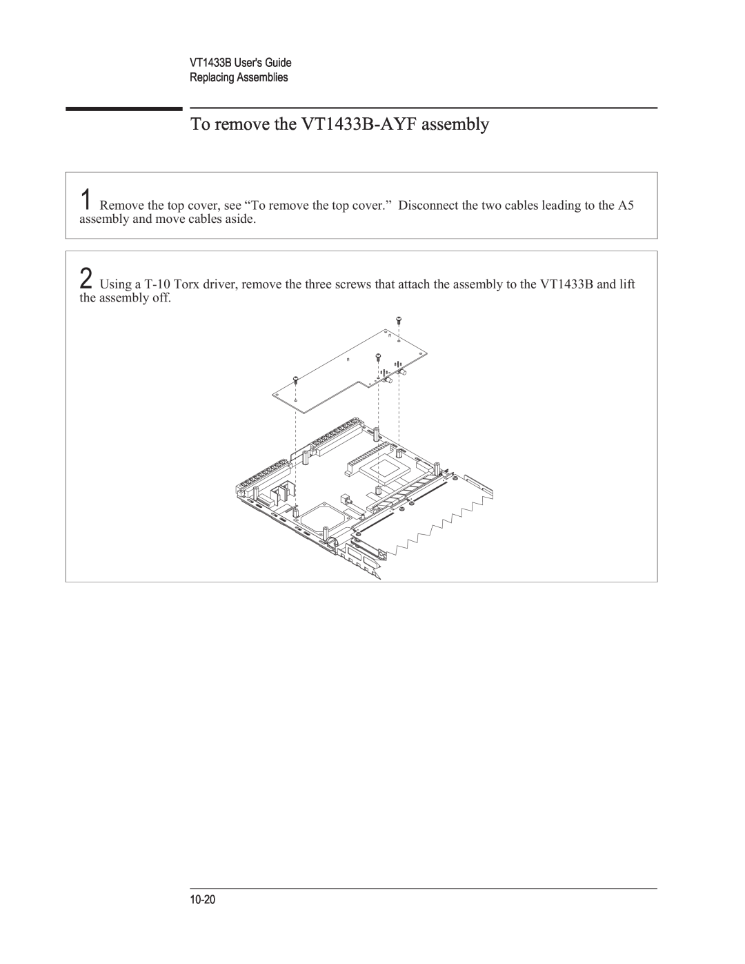 VXI manual To remove the VT1433B-AYFassembly, VT1433B Users Guide Replacing Assemblies, 10-20 