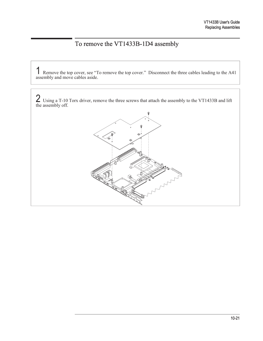 VXI manual To remove the VT1433B-1D4assembly, VT1433B Users Guide Replacing Assemblies, 10-21 