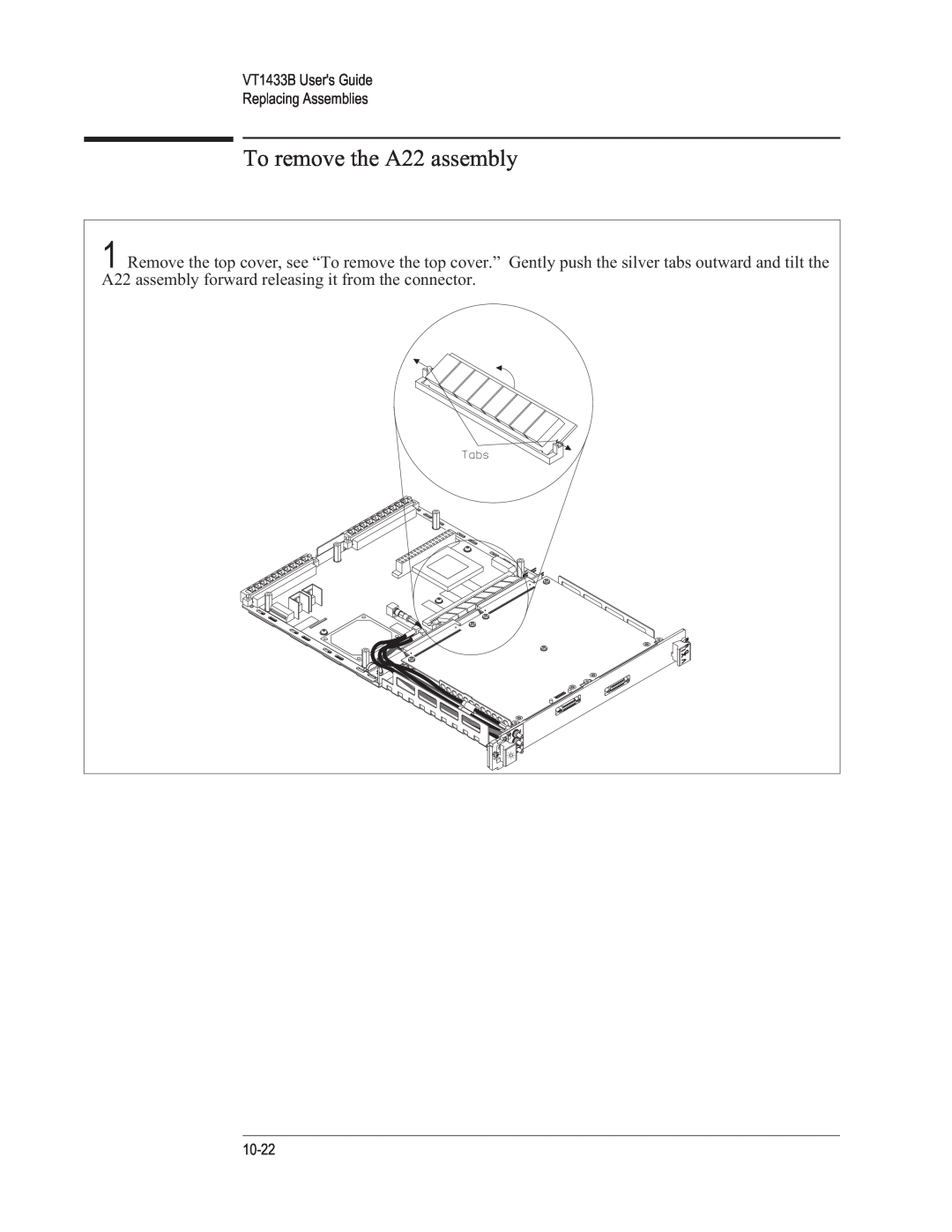 VXI manual To remove the A22 assembly, VT1433B Users Guide Replacing Assemblies, 10-22 