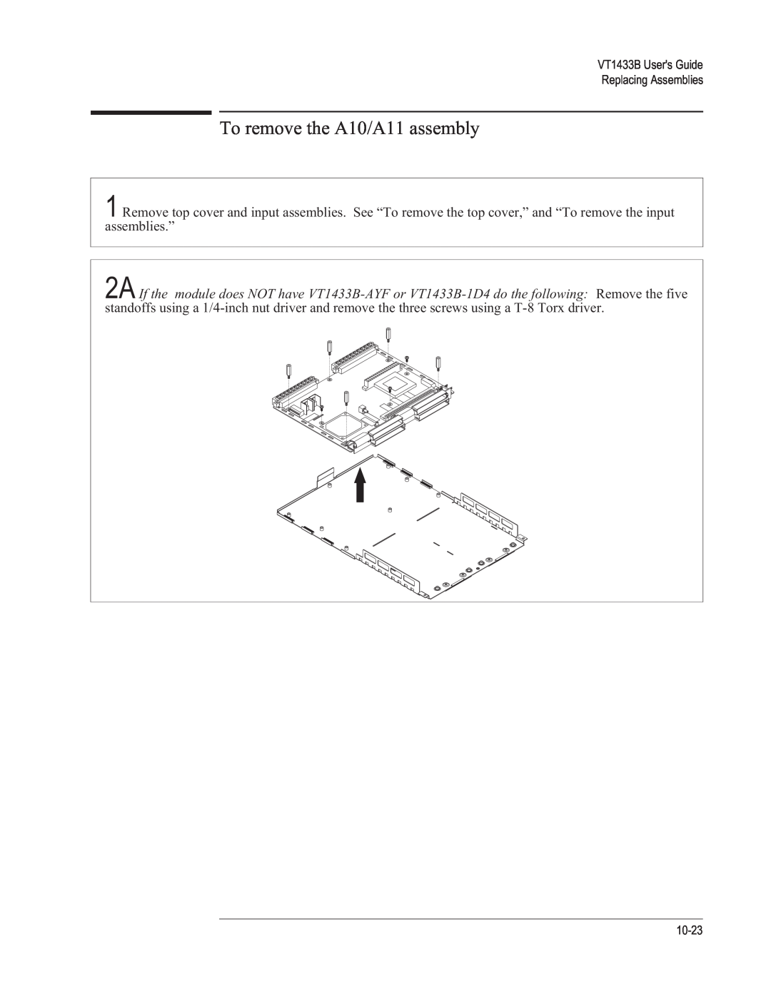 VXI manual To remove the A10/A11 assembly, VT1433B Users Guide Replacing Assemblies, 10-23 