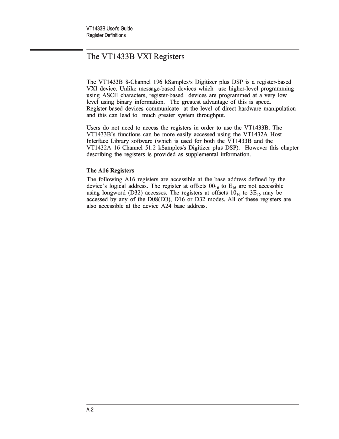VXI manual The VT1433B VXI Registers, The A16 Registers 
